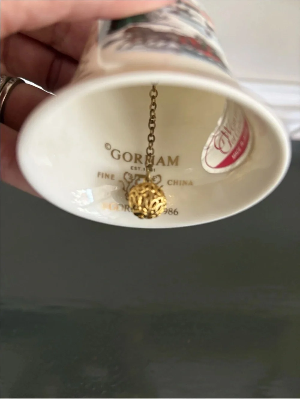 Gorham Cream and Gold Porcelain Holiday Bell with Sleigh Scene